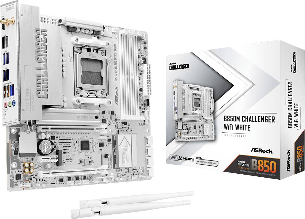 Produktabbildung eines ASRock B850M Challenger WiFi White Motherboards mit seiner Einzelhandelsverpackung und zwei weißen WLAN-Antennen
