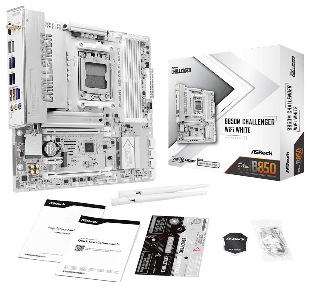 Weiße ASRock Challenger-Serie Motherboard mit CPU-Sockel in der Mitte, RAM-Steckplätze auf der rechten Seite, PCIe-Steckplätze unten und großen Kühlkörpern.