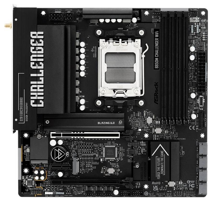 ASRock B650M Challenger WiFi Motherboard, mit Darstellung des Chipsatzes, RAM-Slots und Erweiterungssteckplätzen mit „CHALLENGER