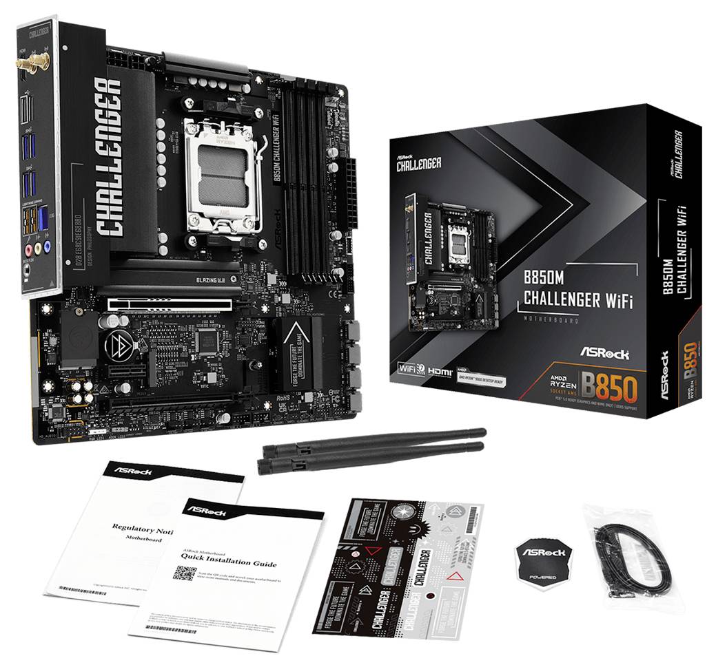 ASRock X870 Challenger WiFi-Mainboard mit Einzelhandelsverpackung, Bedienungsanleitungen, Abzeichen, Kabel und mitgelieferten Zubehörteilen auf weißem Hintergrund.