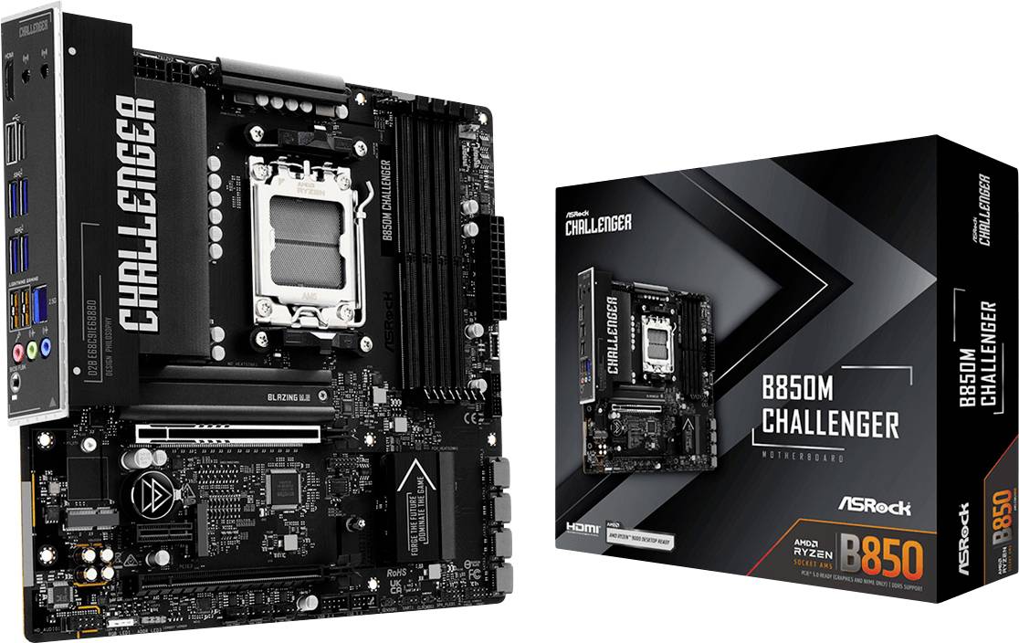 ASRock B850M Challenger Mainboard neben seiner Produktverpackung dargestellt, wobei das schwarze Micro-ATX Board und der CPU-Sockel hervorgehoben werden.