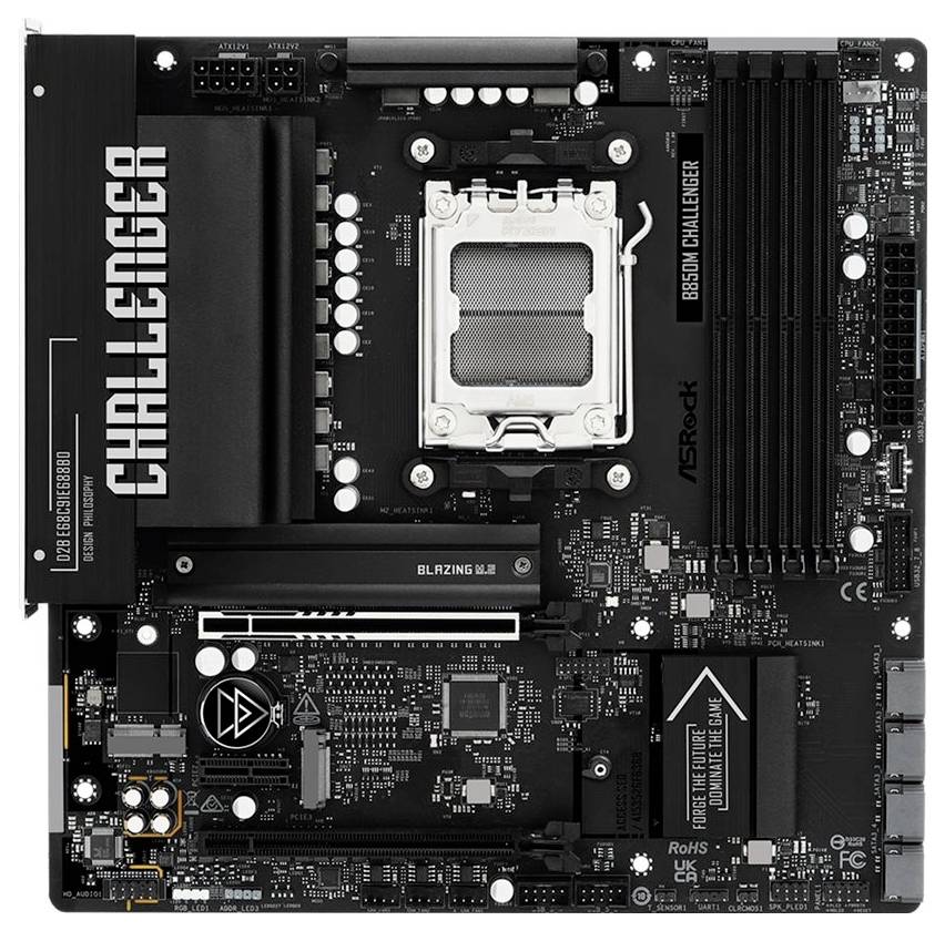 ASRock B650M Challenger Motherboard mit PCIe-Steckplätzen, RAM-Steckplätzen und verschiedenen Anschlüssen, geeignet für AMD-Prozessoren und Gaming-Setups.