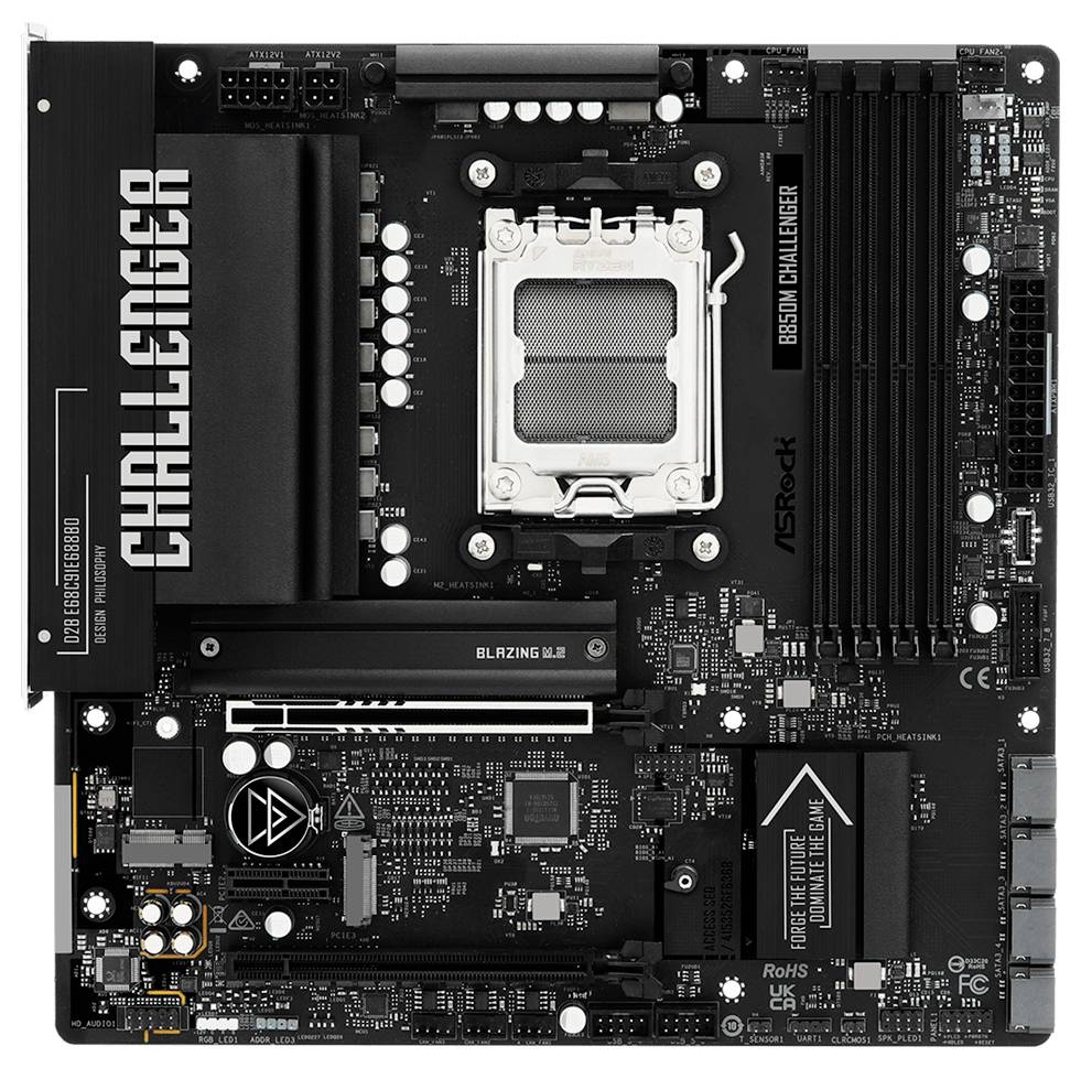 Draufsicht auf ein schwarzes ASRock-Motherboard der Serie 