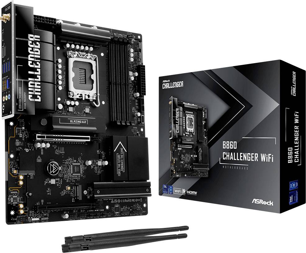 ASRock B860 Challenger WiFi Motherboard neben seiner Einzelhandelsbox abgebildet, mit zwei Wi-Fi-Antennen darunter.