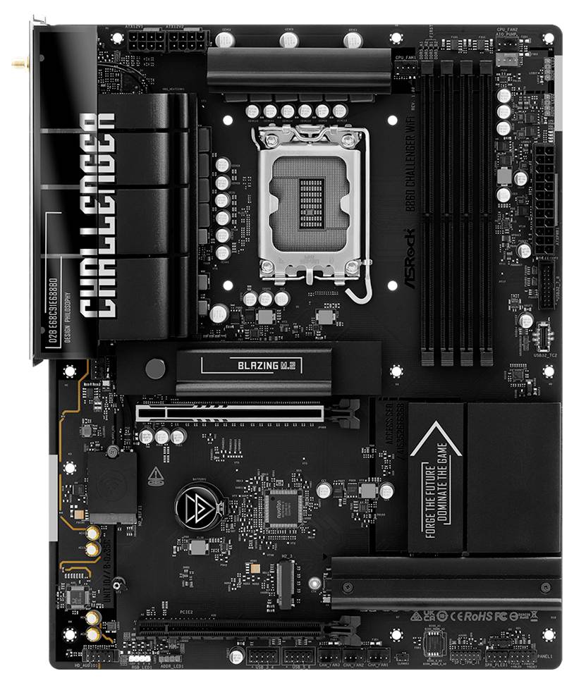 Schwarzes ASRock 'Challenger' Motherboard mit CPU-Sockel, RAM-Steckplätzen, Kühlkörpern, PCIe-Steckplätzen und M.2-Bereich von vorne dargestellt.