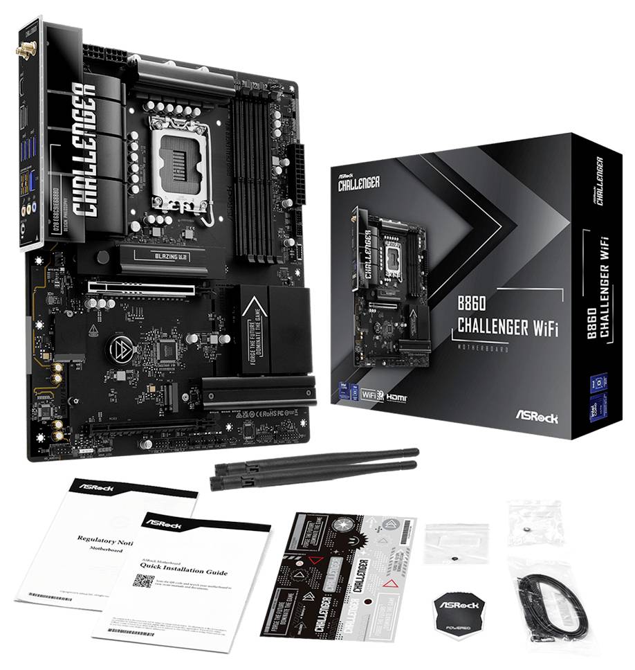ASRock B860 Challenger WiFi Motherboard mit Einzelhandelsverpackung, Bedienungsanleitungen, Antennen, Kabeln und enthaltenes Zubehör.