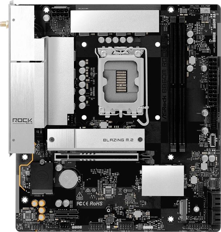 Ein Computermotherboard mit einer Prozessorsockel, verschiedenen Steckplätzen und Anschlüssen.