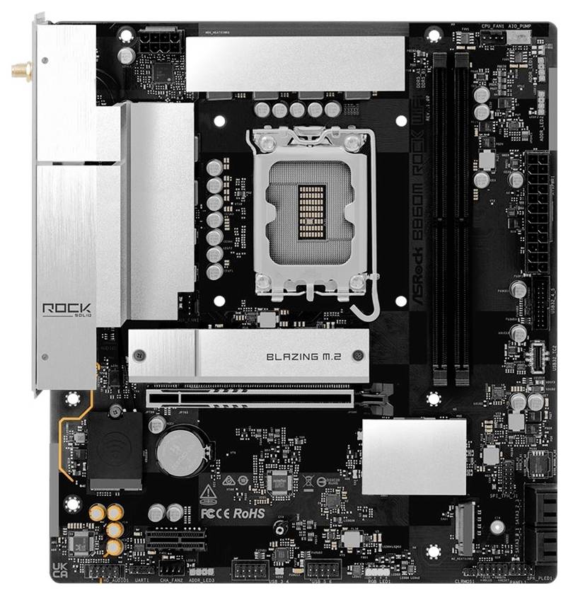 Ein Computermotherboard mit beschrifteten Komponenten, einschließlich „Blazing M.2