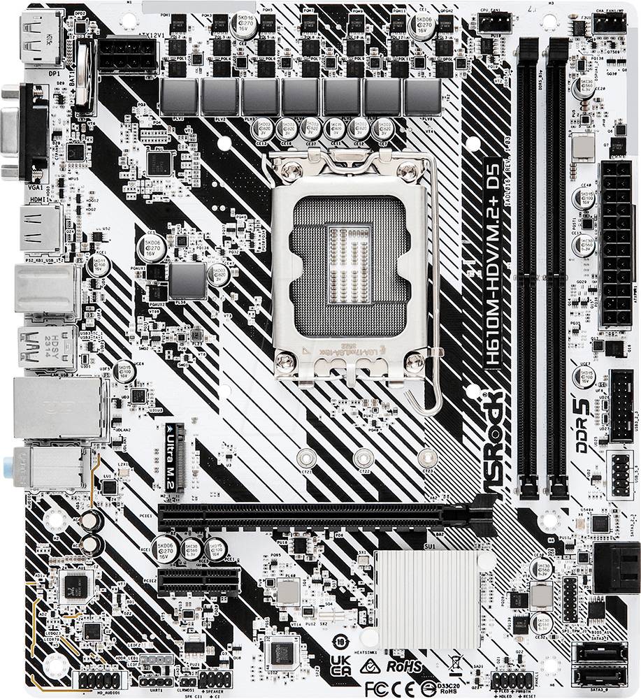 Eine Computerhauptplatine mit schwarzem und weißem Schaltungsdesign, mit einer zentralen CPU-Buchse, verschiedenen Anschlussports und RAM-Steckplätzen.