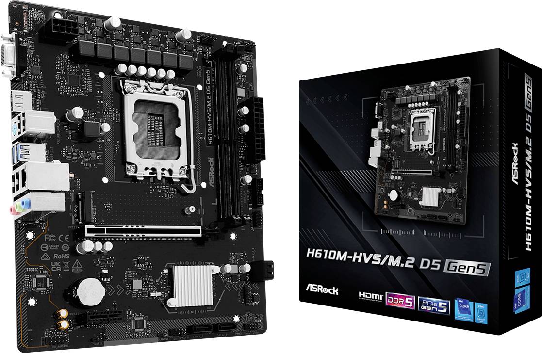 ASRock H610M-HVS/M.2 D5 Motherboard, neben seiner Einzelhandelsverpackung abgebildet, mit Intel-CPU-Sockel, M.2-Steckplatz und DDR5-Unterstützung.
