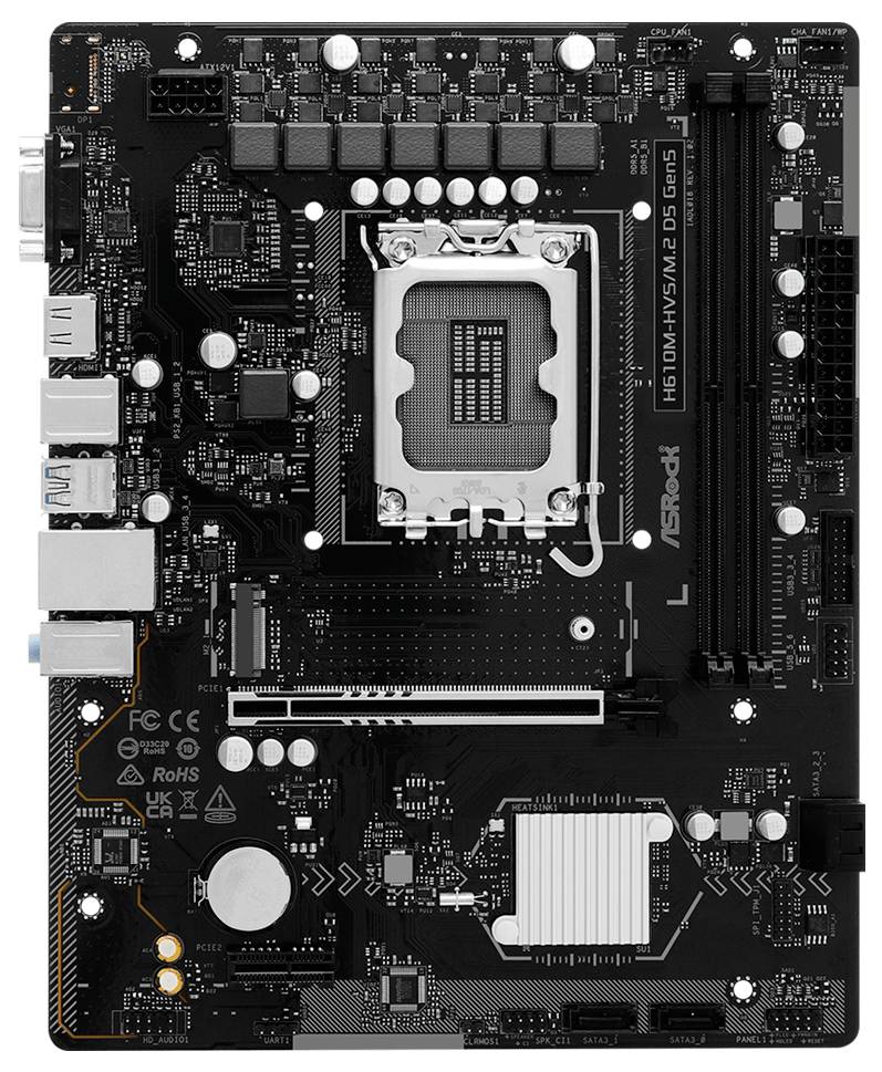 Schwarzes ASRock H610M-HVS/M.2 R5.0 Micro-ATX-Motherboard mit Intel-CPU-Sockel, RAM-Steckplätze, PCIe-Steckplatz und hintere I/O-Anschlüsse.