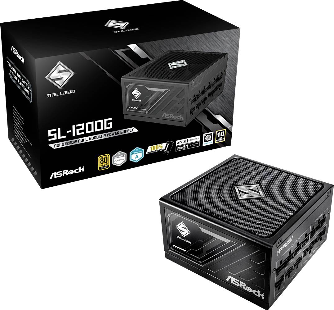 ASRock Steel Legend SL-1200G Gold 1200W vollmodulares Netzteil, dargestellt mit seiner Einzelhandelverpackung und dem Gerät auf weißem Hintergrund.