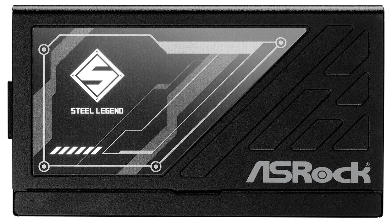 Schwarzes ASRock Steel Legend SSD-Laufwerk mit silbernem Logo und diagonal gemustertem Gehäuse, Vorderansicht auf weißem Hintergrund