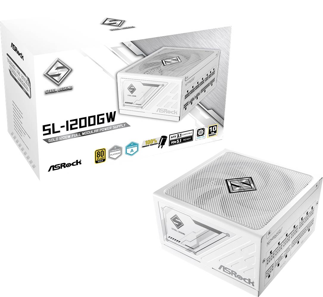 ASRock Steel Legend SL-1200GW 1200W gold vollmodulares Netzteil gezeigt in seiner Verpackung und als weiße Stromversorgungseinheit.