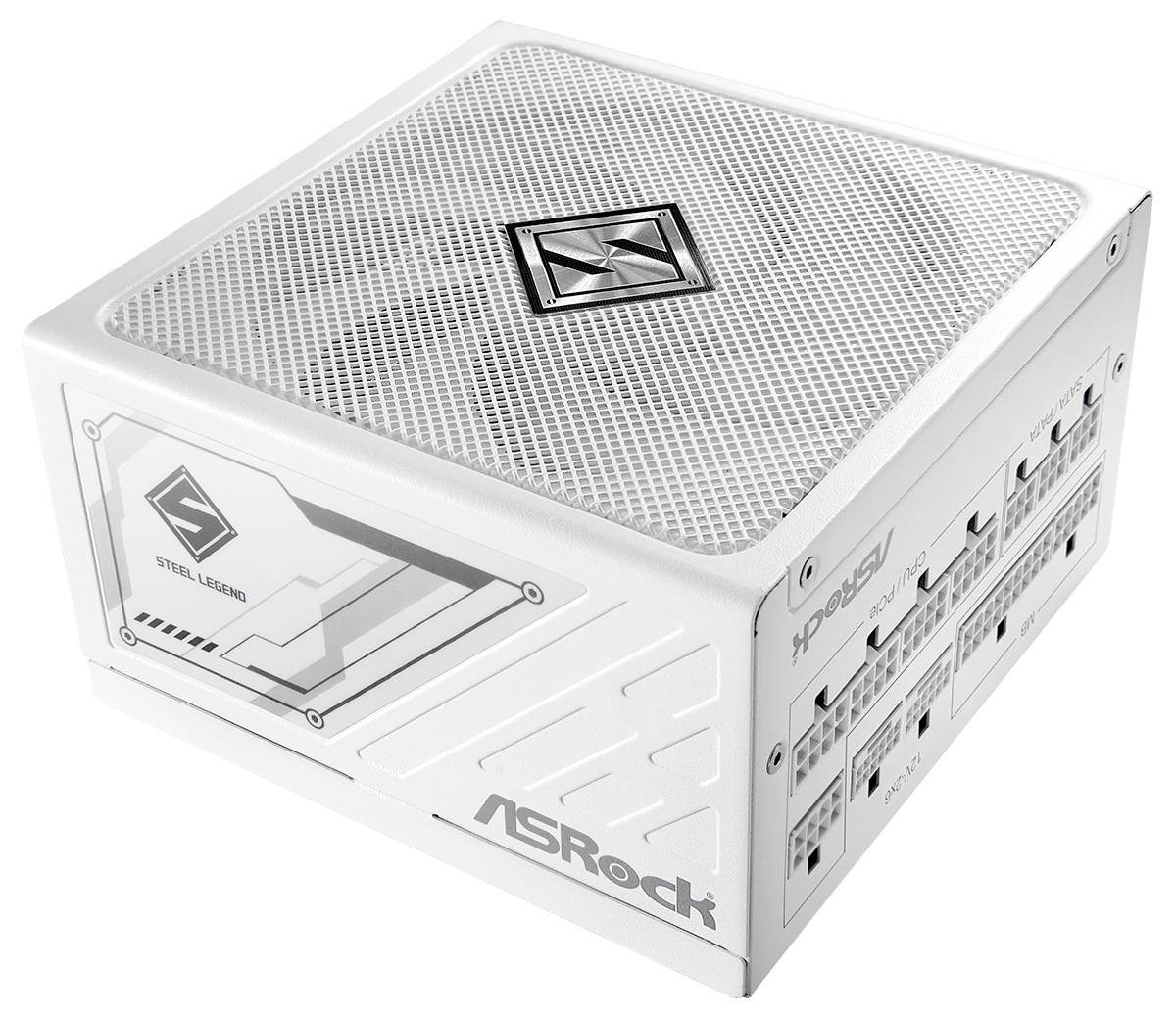 Weiße ASRock Steel Legend Desktop-PC-Stromversorgungseinheit in einer produktstilisierten Schrägansicht.