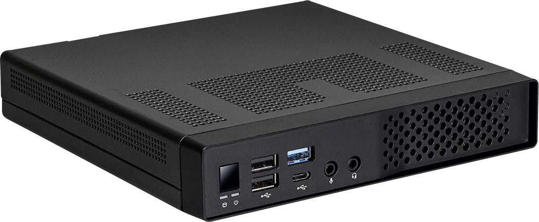 Schwarzer rechteckiger Mini-Computer mit Frontanschlüssen, einschließlich USB, Audiobuchsen und Stromschalter.