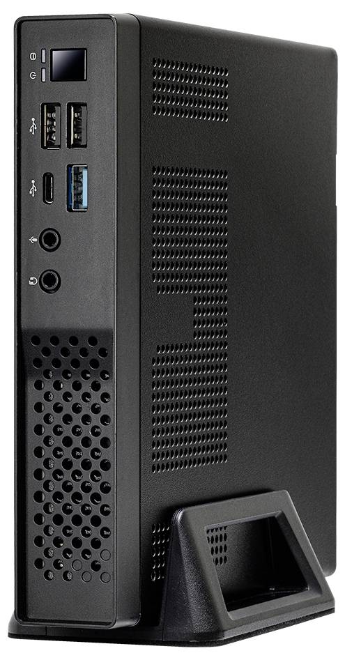 Kompakter schwarzer Desktop-Computer-Turm aufrecht dargestellt mit vorderen USB-Anschlüssen, Audiobuchsen, Ein-/Ausschalter, Belüftungslöchern und einem Ständer