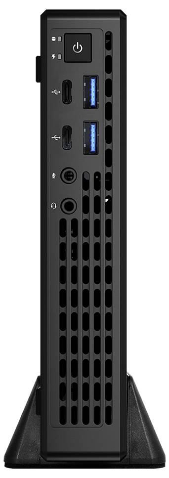 Vorderansicht eines schwarzen Mini-Desktop-Computers mit Stromschalter, USB-Anschlüssen, Audiobuchsen, Lüftungsgittern und einem Standfuß.