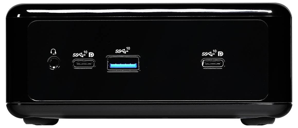 Schwarzes elektronisches Gerät mit einem blauen USB-Anschluss und zwei USB-C-Anschlüssen, Vorderansicht. Umfasst eine Kopfhörerbuchse auf der linken Seite.