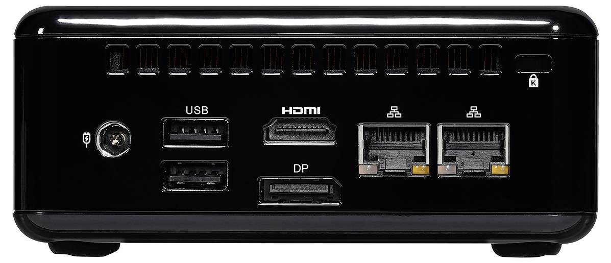 Rückseite eines schwarzen Projektors mit Anschlüssen: Stromeingang, zwei USB-Anschlüsse, HDMI, DisplayPort und zwei Netzwerk-Anschlüsse.