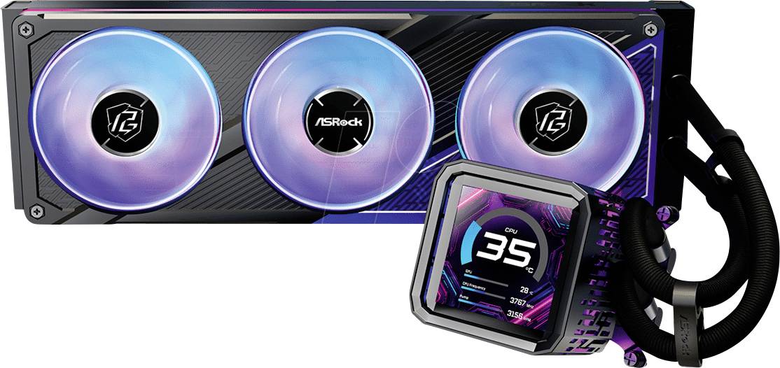 ASRock-Flüssigkühlsystem mit drei RGB-Lüftern und digitaler Anzeige, die eine Temperatur von „35°C