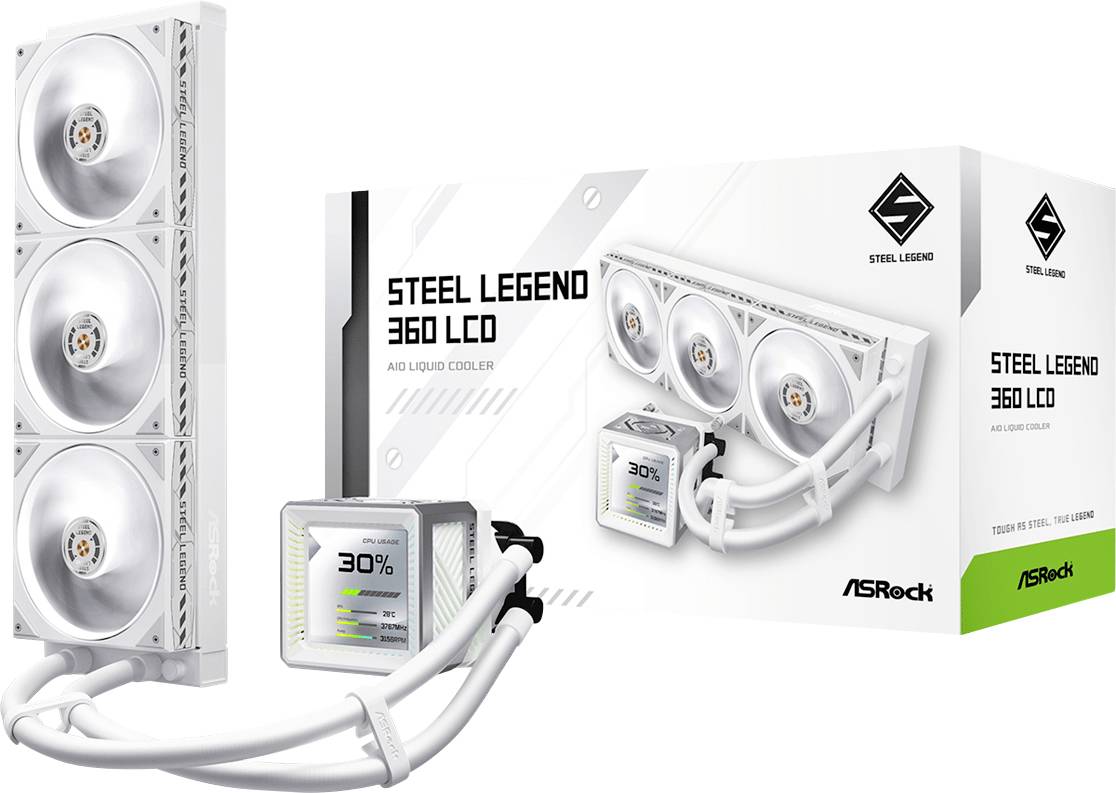 ASRock Steel Legend 360 LCD Flüssigkeits-CPU-Kühler mit drei weißen Lüftern, LCD-Pumpen-Display und Produktverpackung.
