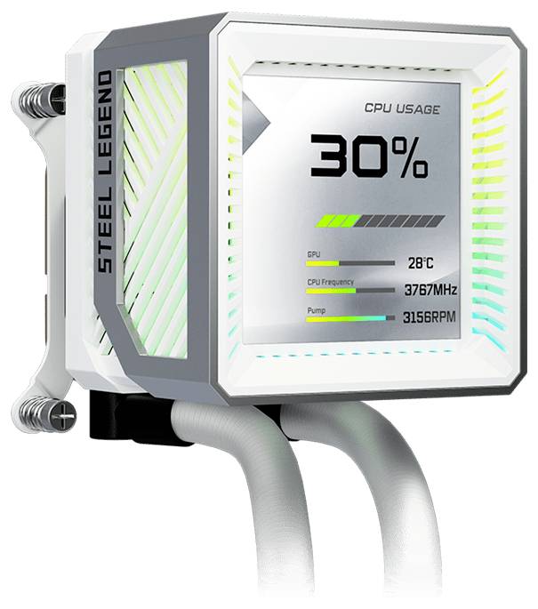Weiße CPU-Flüssigkeitskühler-Anzeige zeigt 