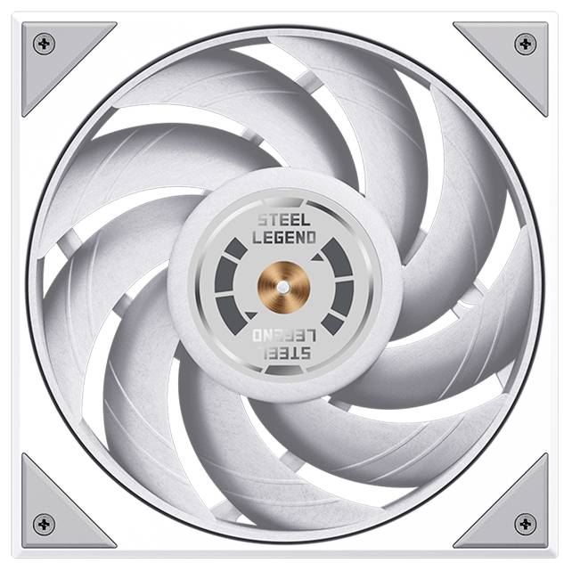 Ein weißes Computergehäuse-Kühlgebläse mit silbernen Schaufeln, auf der mittleren Nabe mit „STEEL LEGEND