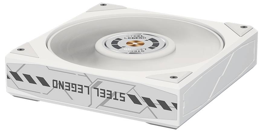 Ein weißes quadratisches Computergerät mit einer kreisförmig vertieften Oberseite und „STEEL LEGEND