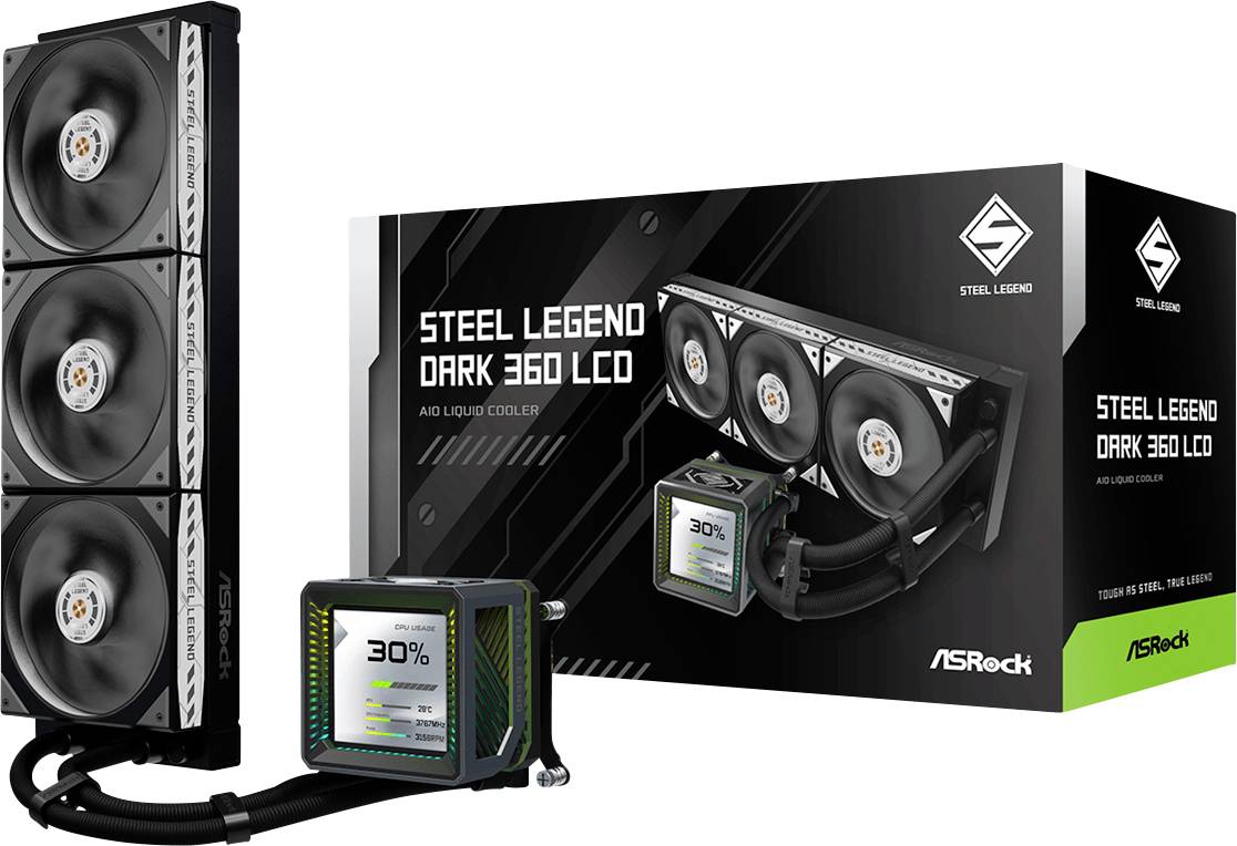 ASRock Steel Legend Dark 360 LCD Flüssig-CPU-Kühler mit drei Lüftern, RGB-Pumpen-Display mit 30%-Anzeige und Einzelhandelsverpackung.