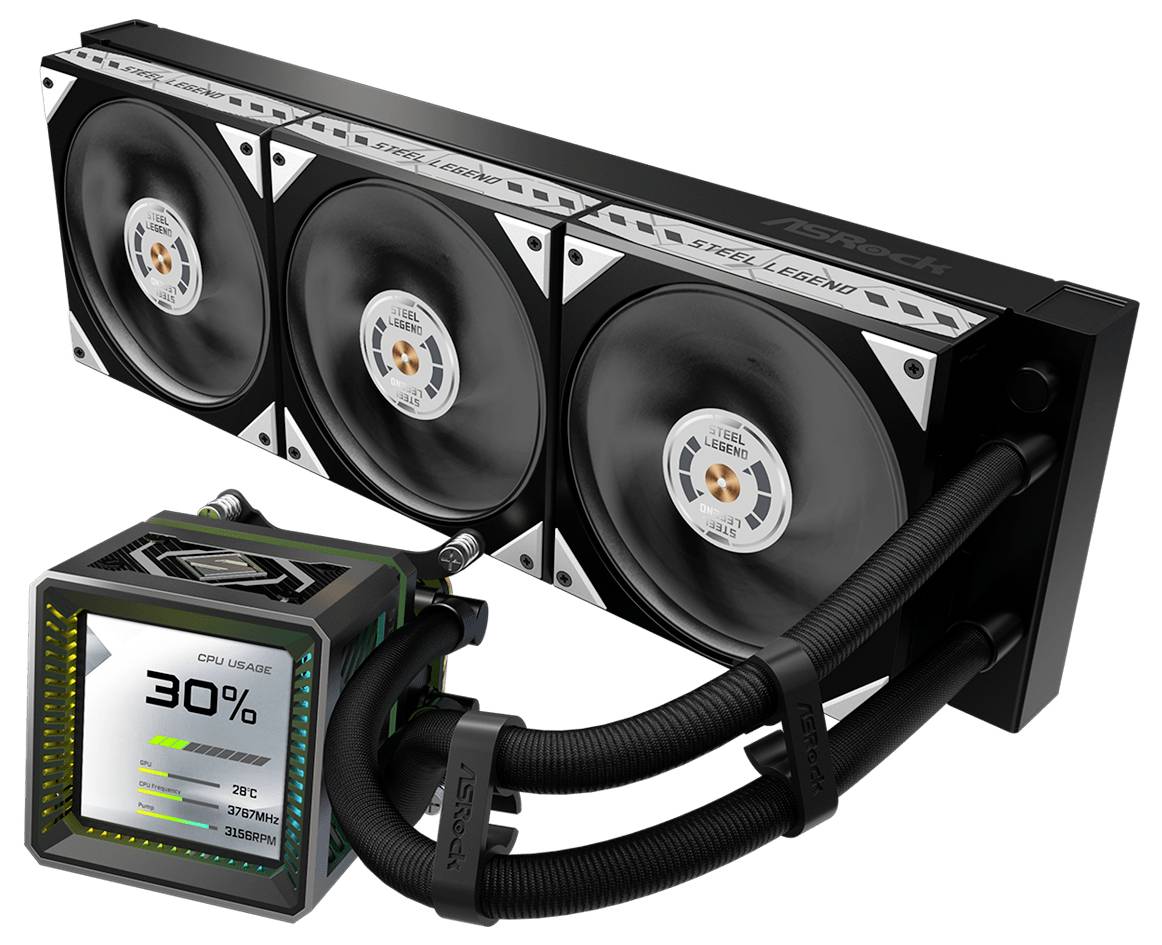 Drei Lüfter auf einem Flüssigkeits-CPU-Kühler-Radiator mit Pumpenblock, der 