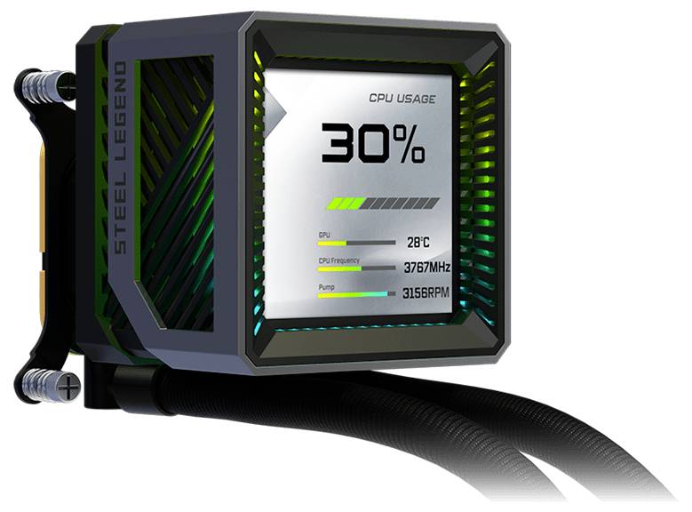 Eine Anzeige der Wasserkühlung-Pumpe zeigt „CPU-AUSLASTUNG 30%