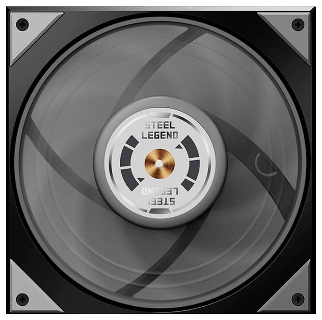 Draufsicht eines schwarzgrauen Steel-Legend-Computerlüfters mit zentralem Logo-Hub und vier Befestigungsschrauben in den Ecken.