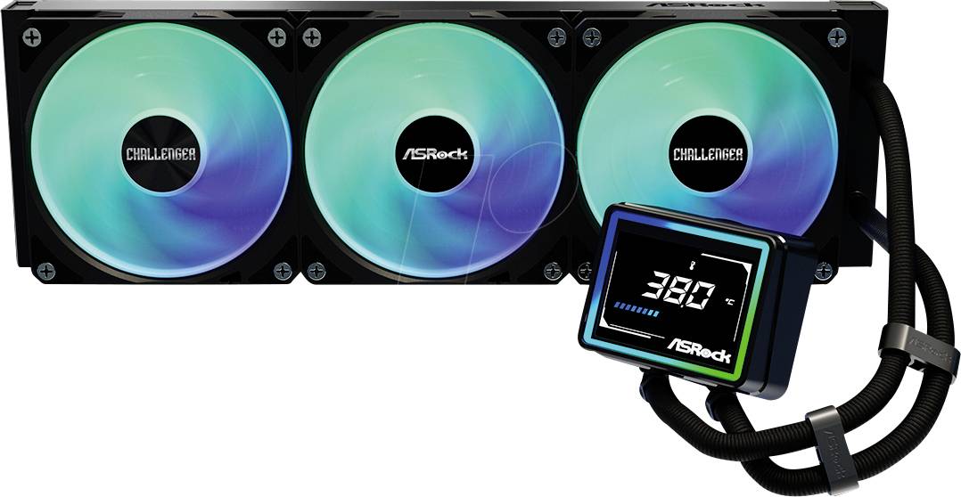 Ein Flüssig-CPU-Kühler mit drei beleuchteten Lüftern mit der Bezeichnung ASRock Challenger, verbunden mit einer Pumpe mit digitaler Temperaturanzeige.