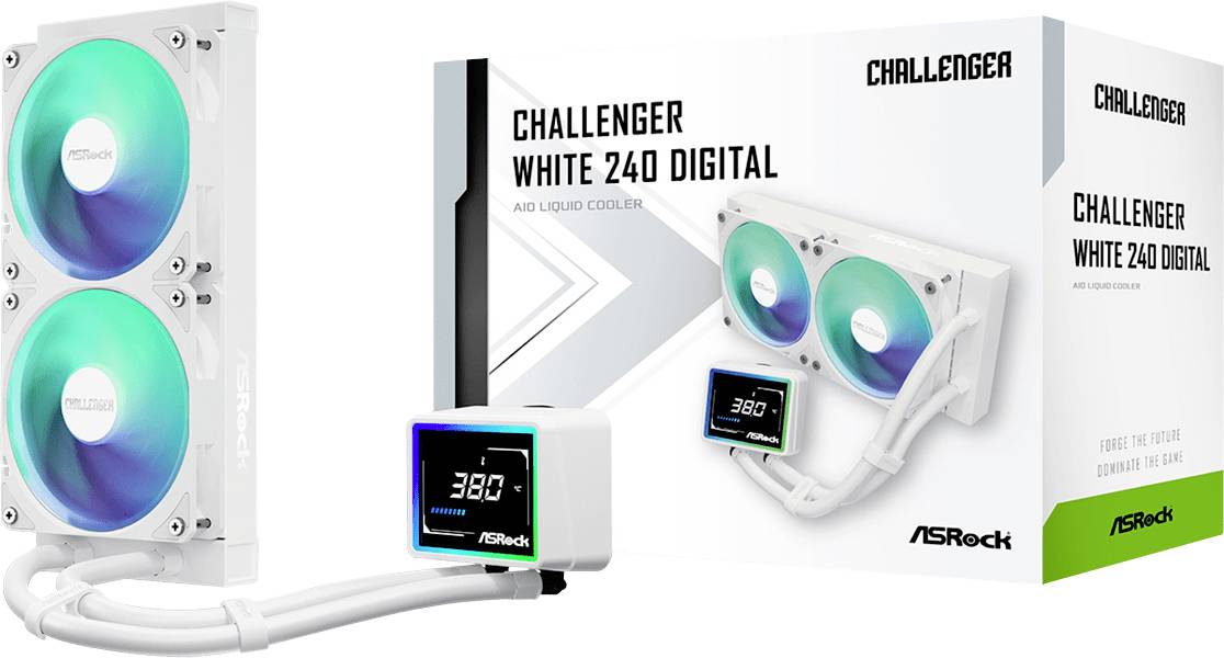 Produktbild des ASRock Challenger White 240 Digital AIO-Flüssigkeitskühlers mit zwei RGB-Lüftern und digitaler Pumpanzeige mit 38° C, plus Einzelhandelverpackung