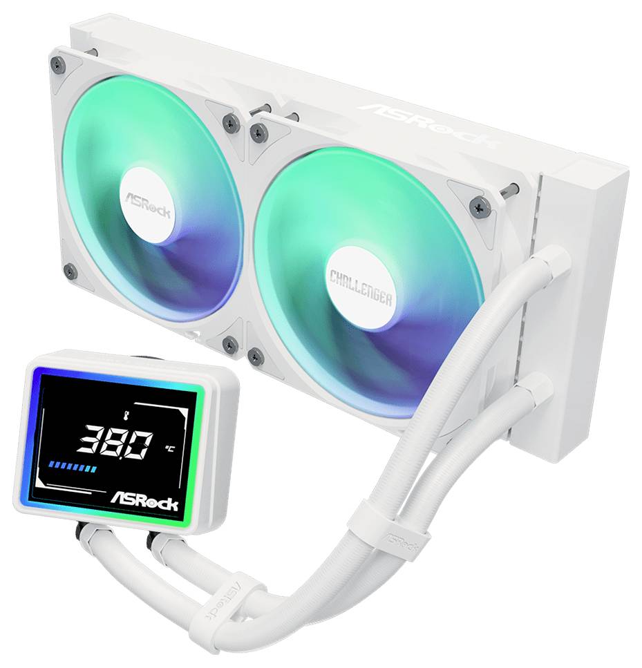 ASRock Flüssig-CPU-Kühler mit dualen RGB-Lüftern, Radiator, Schläuchen und digitaler Anzeige mit 38,0°C.