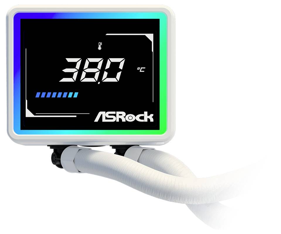 ASRock Flüssigkühler-Display zeigt 38,0°C mit RGB-beleuchteter Blende und verbundenem Schlauchsystem auf weißem Hintergrund.