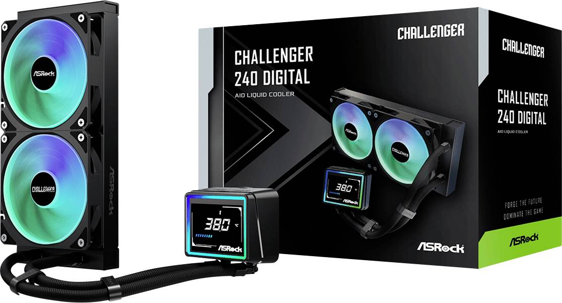 ASRock Challenger 240 digitale AIO-Flüssigkeitskühler mit zwei RGB-Lüftern, LCD-Pumpen-Display zeigt 