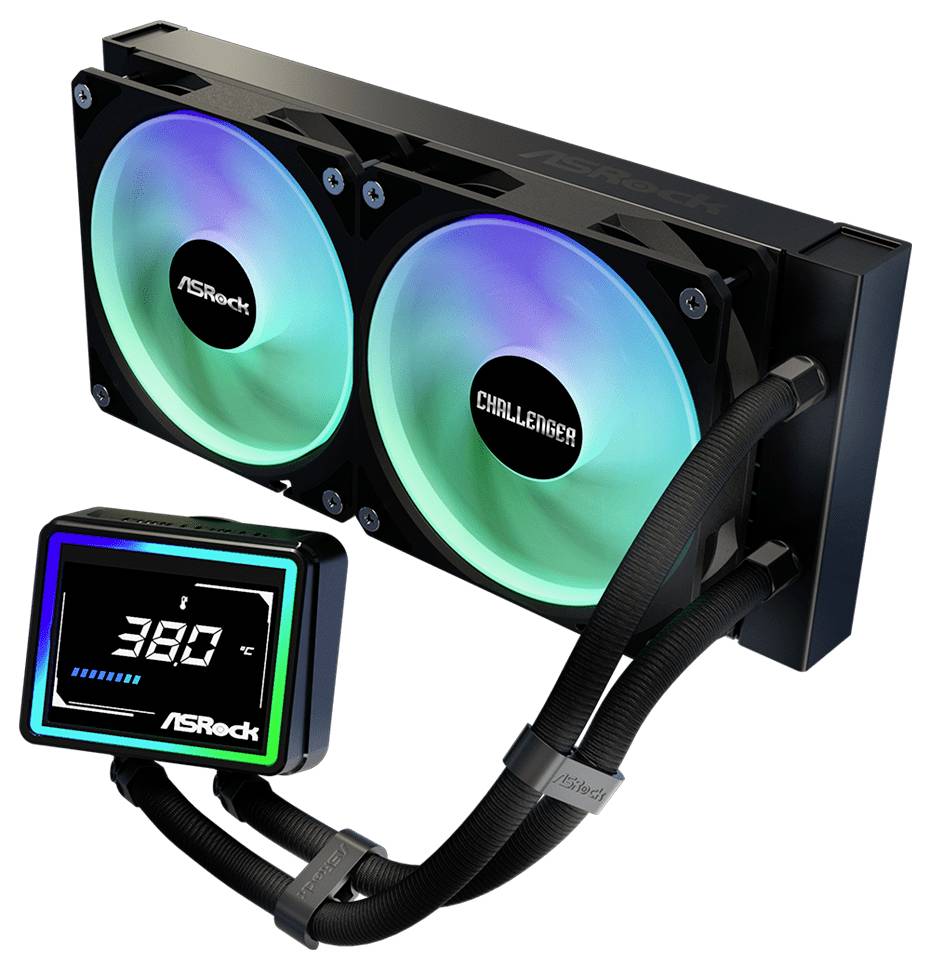 ASRock Challenger Flüssigkeitskühler für CPUs mit zwei RGB-Lüftern und kleinem digitalen Display, das „30°C