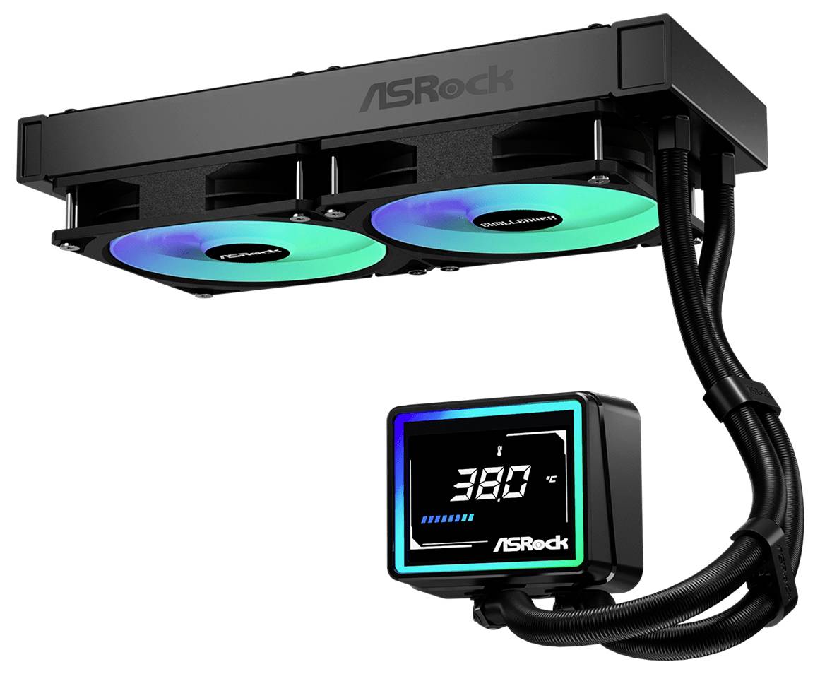 ASRock Flüssigkühler für CPUs mit zwei 120-mm-RGB-Lüftern und einem Pumpenkopf mit digitaler Temperaturanzeige.
