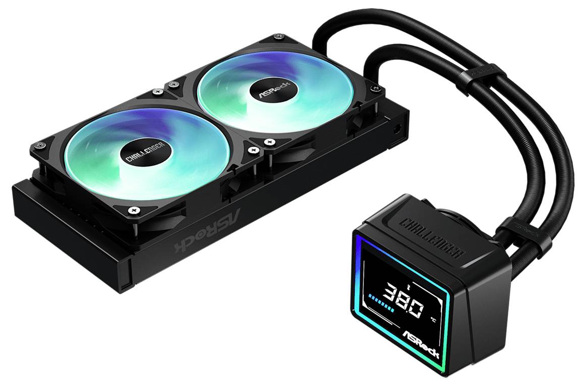Ein Flüssigkeits-CPU-Kühler mit zwei RGB-Lüftern und einem Pumpenkopf mit der Anzeige „39.0