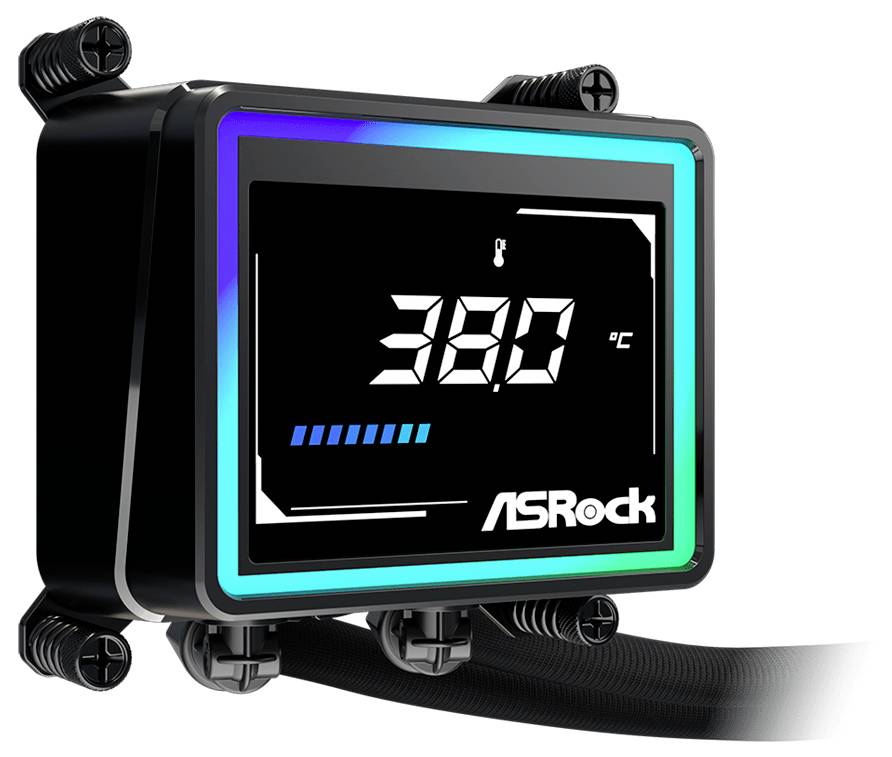 ASRock Flüssig-CPU-Kühler Pumpenblock mit digitaler Anzeige, die eine Temperatur von 38,0°C anzeigt, und einem blauen Statusbalken, montiert auf Rohrleitungen und Lüfterhardware.