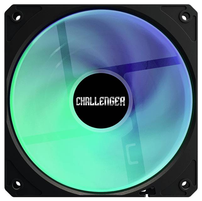 Ein quadratischer RGB-Computerkühler mit einer leuchtenden blaugrünen Schaufel und dem Wort 