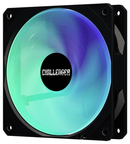 Schwarzer RGB-Computerlüfter mit blaugrün beleuchtete Rotorblättern und 