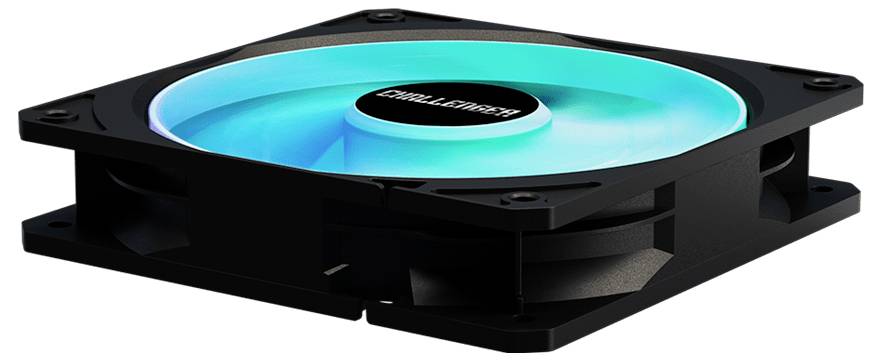 Schwarzer Computer-Kühlungslüfter mit hell leuchtenden blauen Blättern, in einer tiefwinkligen Produktansicht dargestellt.