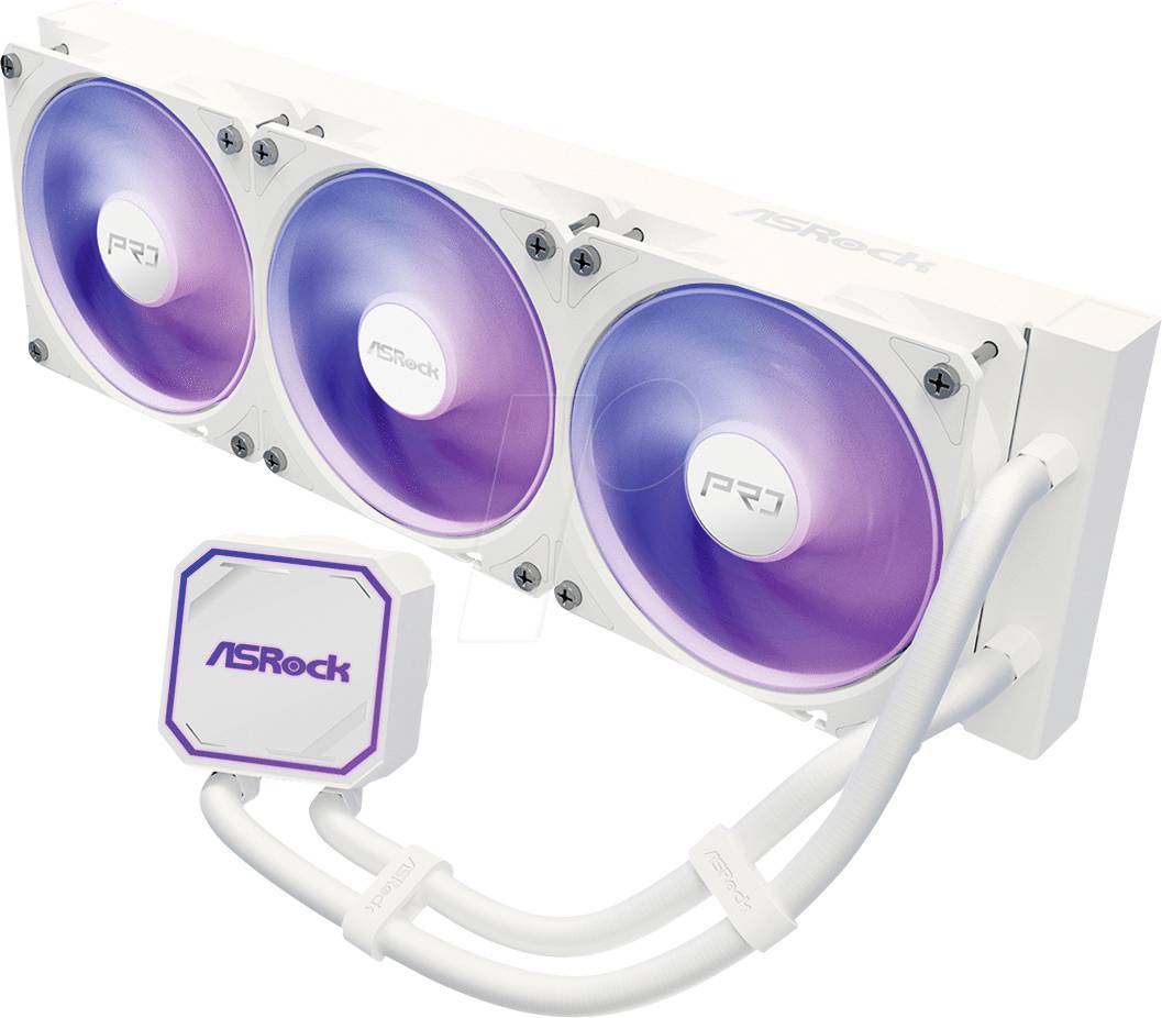 Weißer ASRock-Flüssigkeitskühler für CPU mit drei lila RGB-Lüftern und passendem Pumpenkopf, verbunden durch weiße Schläuche.
