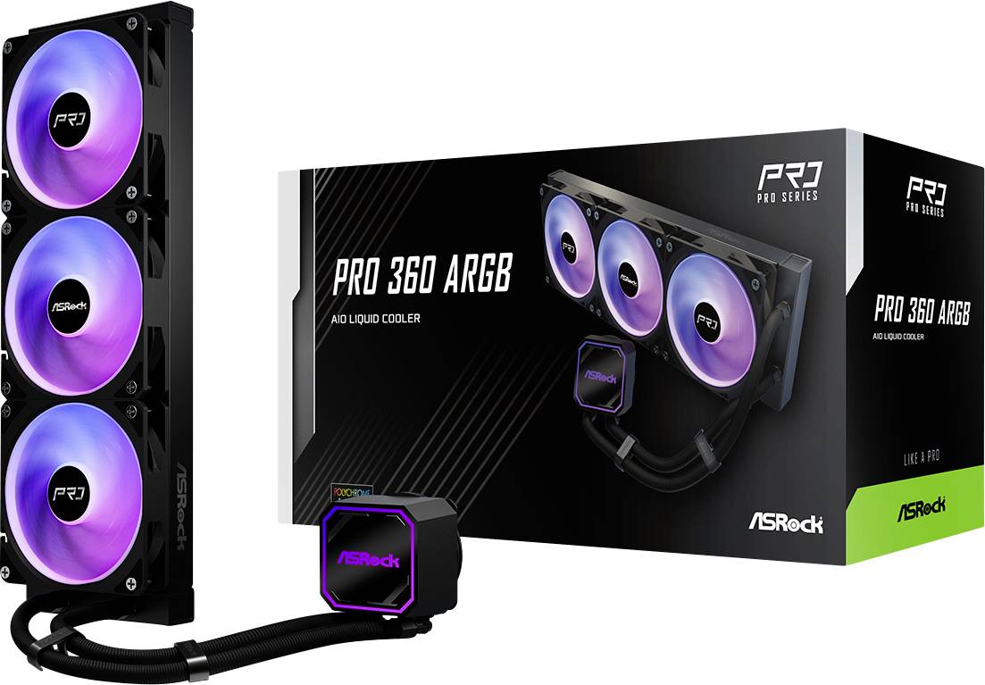 ASRock Phantom Gaming Pro 360 ARGB All-in-One-Flüssigkeitskühler für CPUs mit drei RGB-Lüftern, Pumpenblock und Einzelhandelsverpackung dargestellt.
