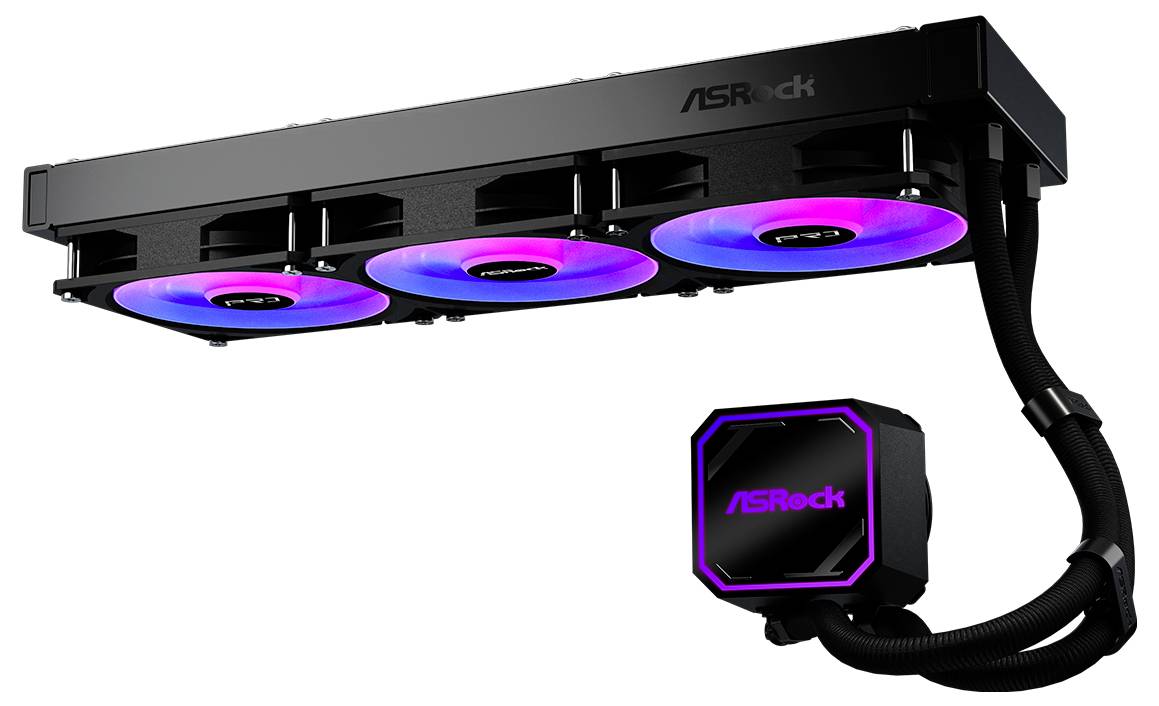 ASRock Flüssigkühler für die CPU mit schwarzem Triple-Fan-Radiator und RGB-beleuchteter Pumpeneinheit, verbunden durch einen geflochtenen Schlauch.