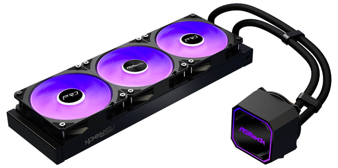 Flüssigkeits-CPU-Kühler mit drei Lüftern, RGB-beleuchteten Lüftern und einem Blockpumpe, die durch Schläuche verbunden ist.