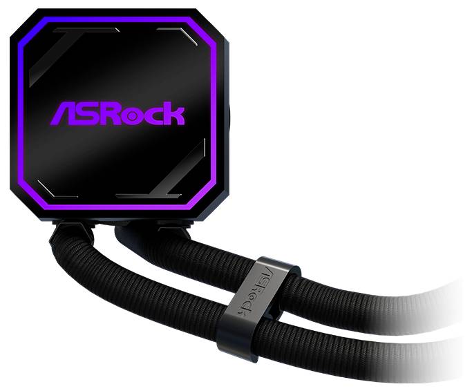 ASRock Flüssigkühler-Pumpenkopf mit violettem RGB-Rahmen und zwei schwarzen geflochtenen Schläuchen auf weißem Hintergrund.